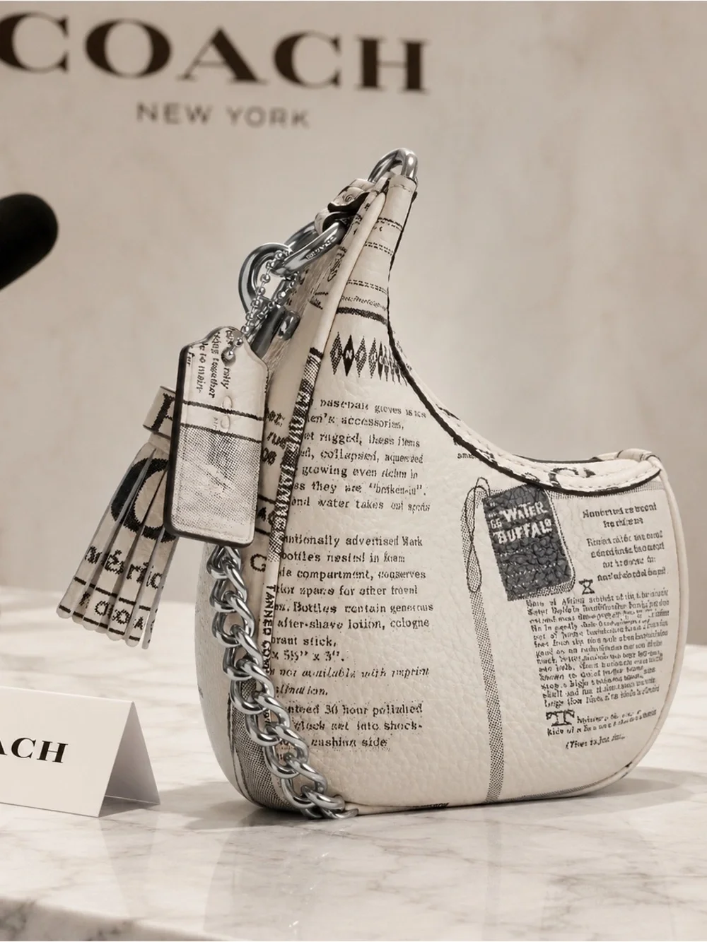 Coach White Newspaper Print Shoulder Hobo with Chain Strap NWT - Picture 3 of 6